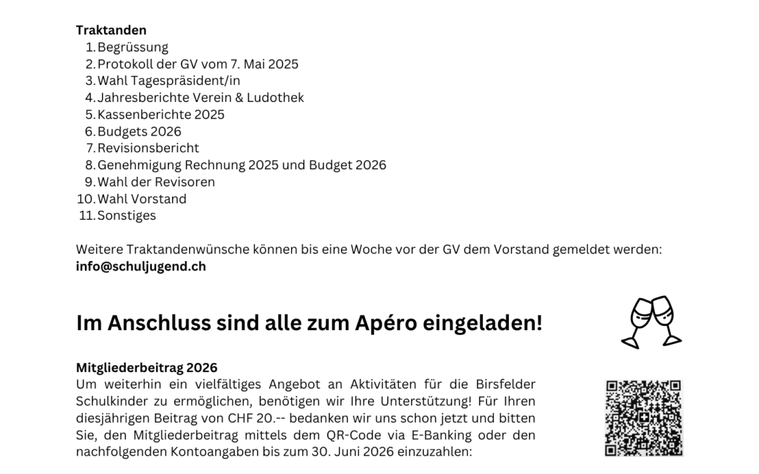 Einladung Generalversammlung Mittwoch, 22. April 2026